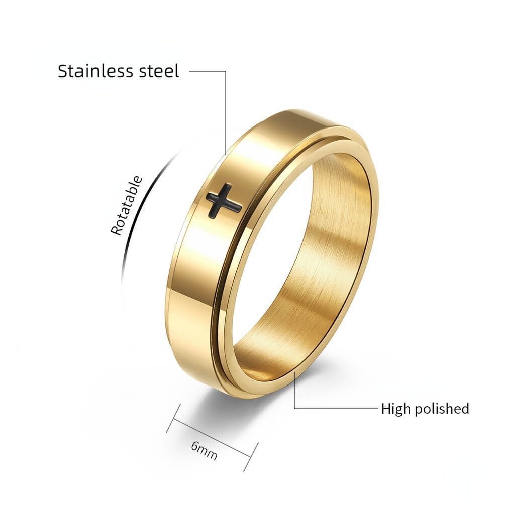 Brix 18k Stainless Steel Stress Relief Rotatable Christian Cross Ring