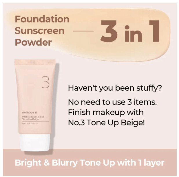 Numbuzin No.3 Porcelain Base-Skip Tone Up Beige SPF50+ 50ml