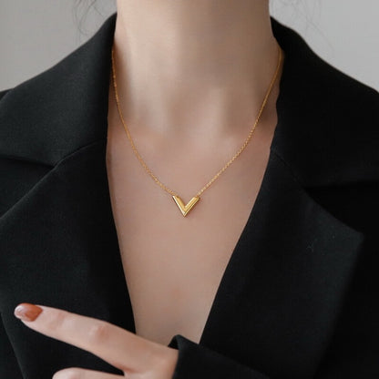 Ava V Shaped Pendant Necklace - 18K Gold Plated Stainless Steel